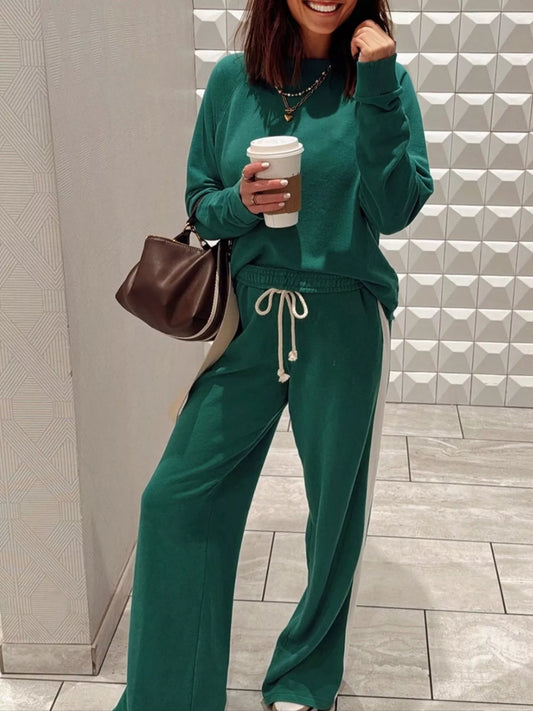 Round Neck Top and Stripe Detail Drawstring Pants Set Dark Green