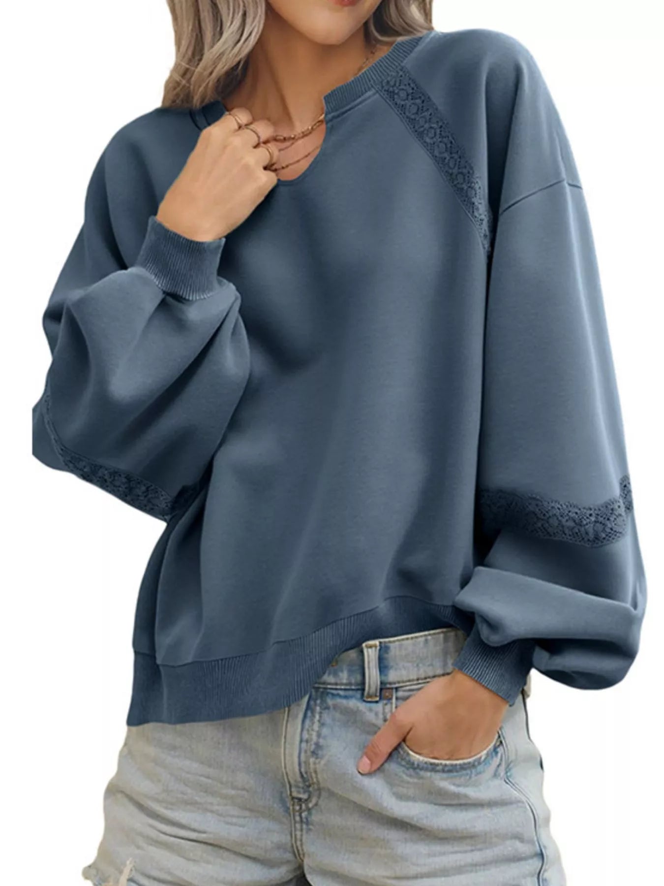 Lace Detail Notched Long Sleeve Sweatshirt Dark Blue