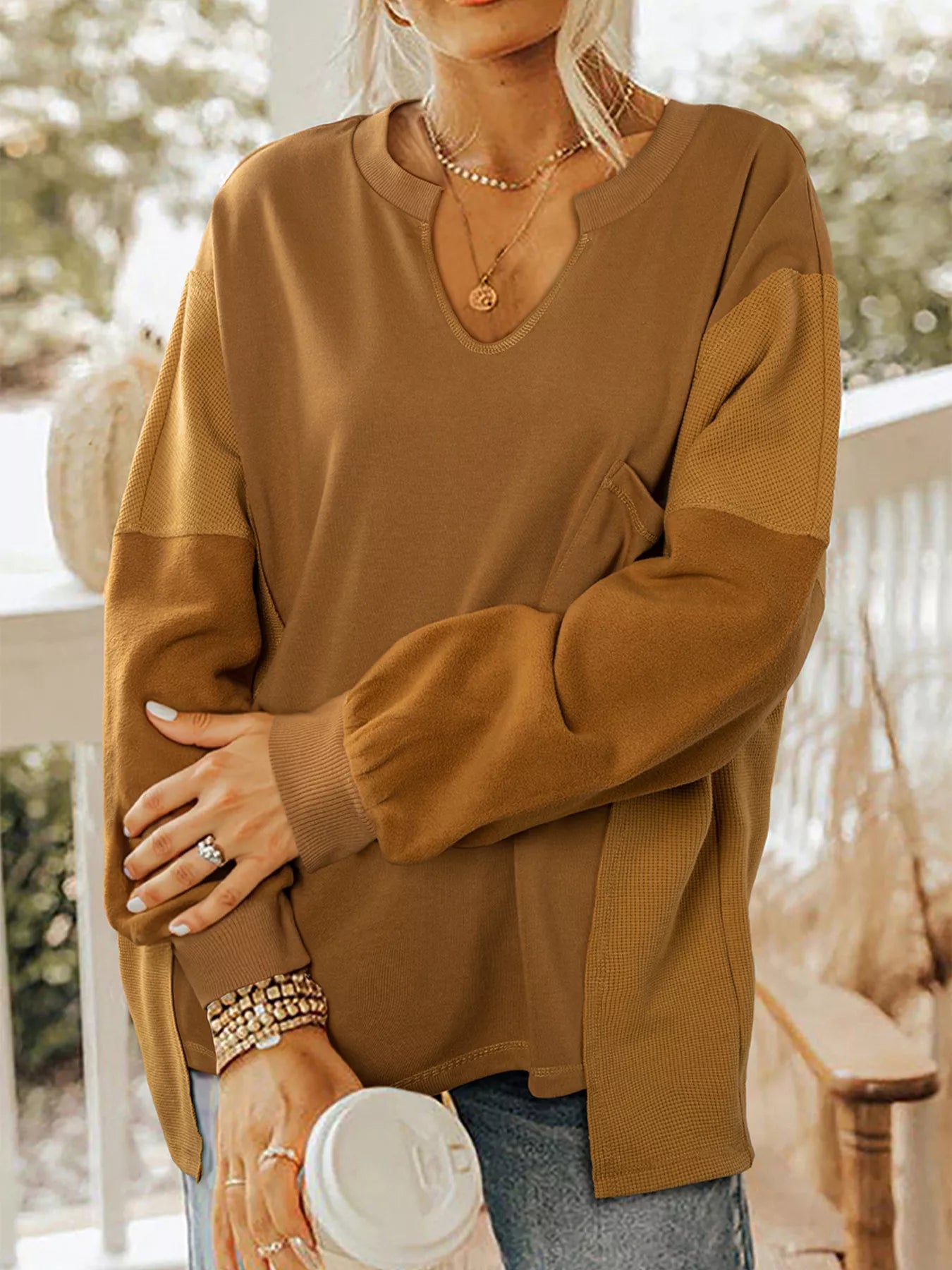 Oversized Textured Split Neck High Low Sweatshirt Caramel