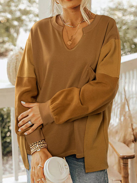 Oversized Textured Split Neck High Low Sweatshirt Caramel