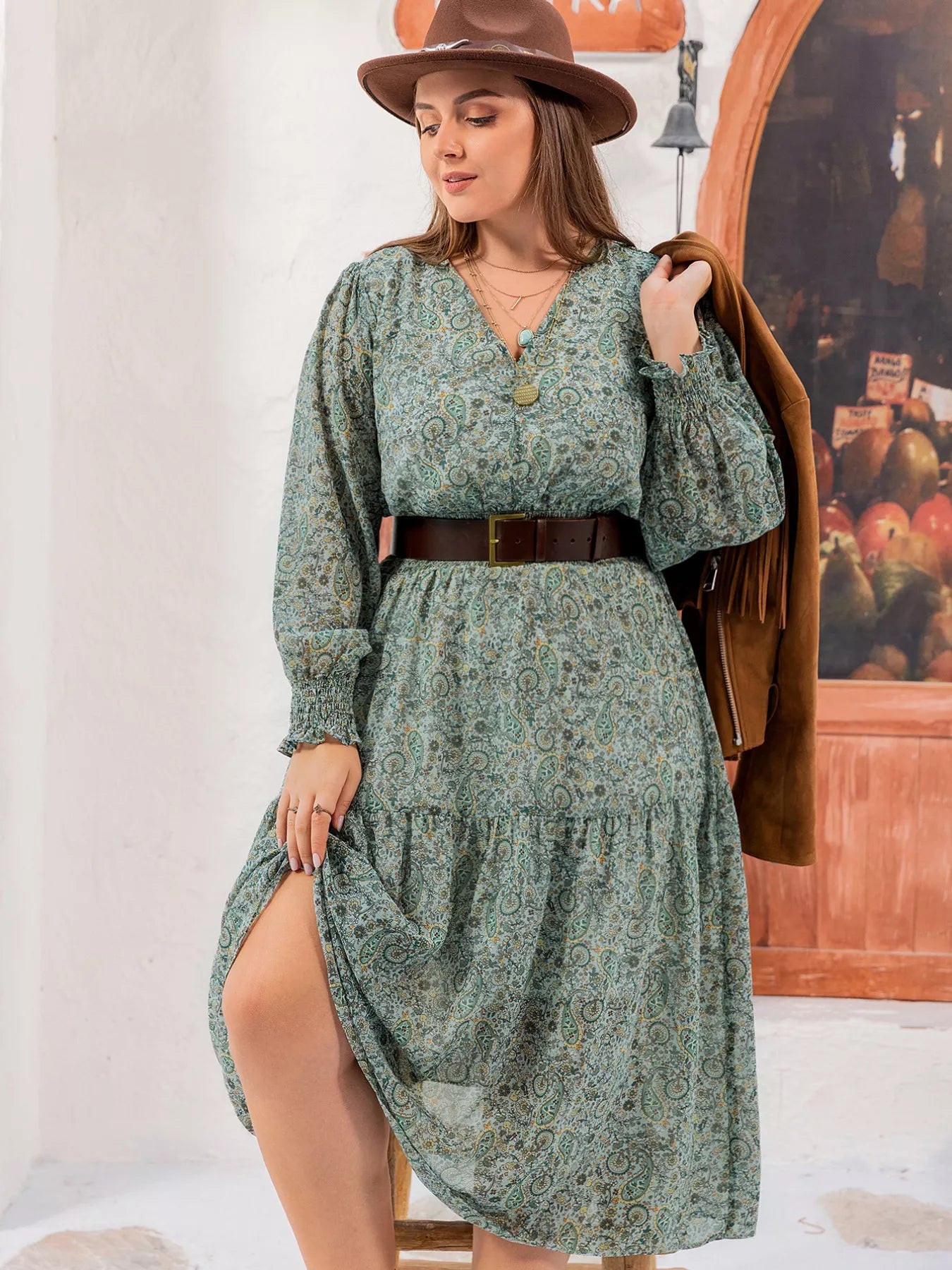 Plus Size Printed V-Neck Long Sleeve Midi Dress