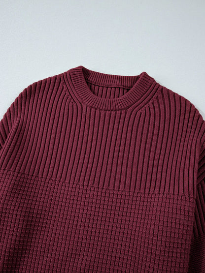 Solid Color Mixed Textured Knitted Crew Neck Sweater