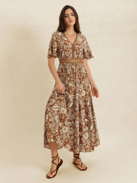 Lace Detail Printed Short Sleeve Midi Dress Camel