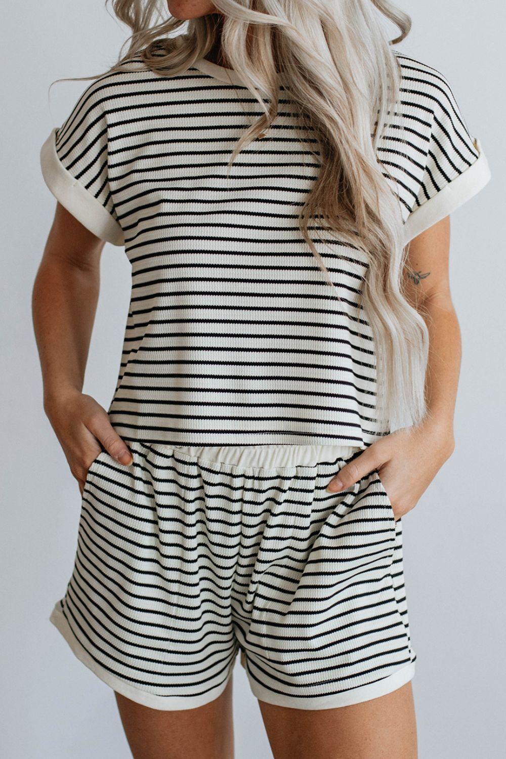 Striped Contrast Top and Shorts Set Stripe