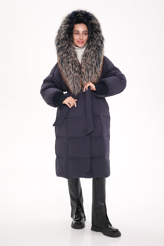 Rei Genuine Fur Trim Hooded Down Coat in Navy Navy