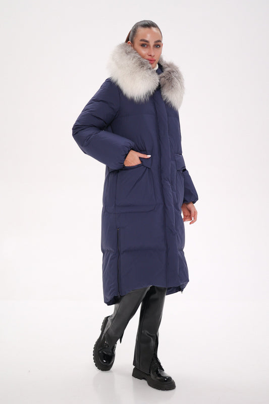 Genuine Silver Fox Down Fill Coat Navy