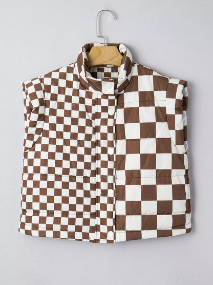 Double Checked Stand Collar Cropped Puffer Vest