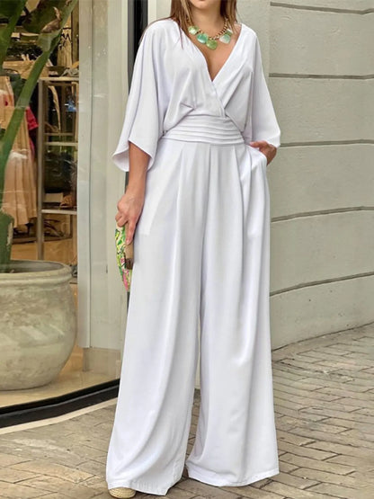 Full Size Wide-Leg Wrap Jumpsuit with Kimono Sleeves Plus Size White