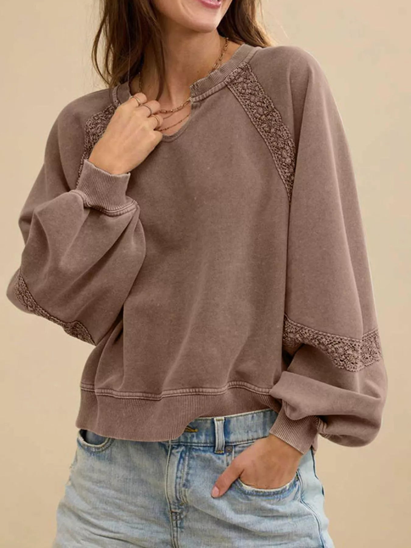 Lace Detail Notched Long Sleeve Sweatshirt Coffee Brown