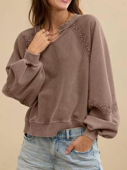 Lace Detail Notched Long Sleeve Sweatshirt Coffee Brown