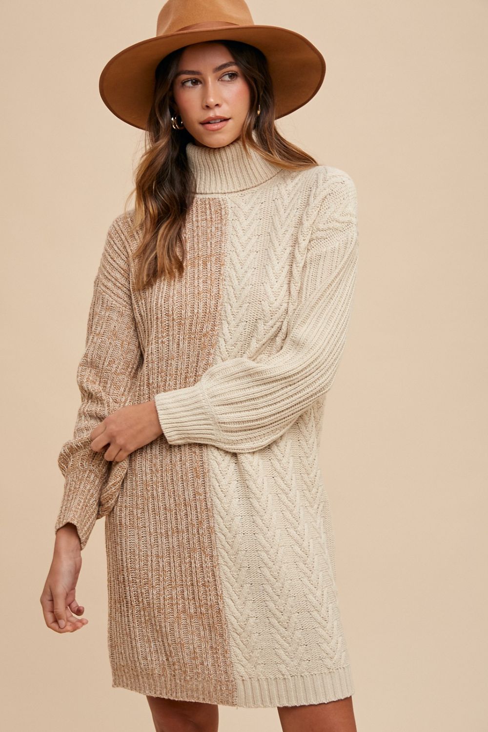 Annie Wear Color Block Turtleneck Sweater Dress Taupe
