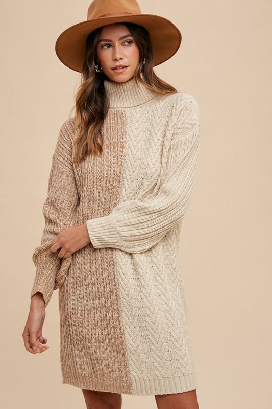 Annie Wear Color Block Turtleneck Sweater Dress Taupe