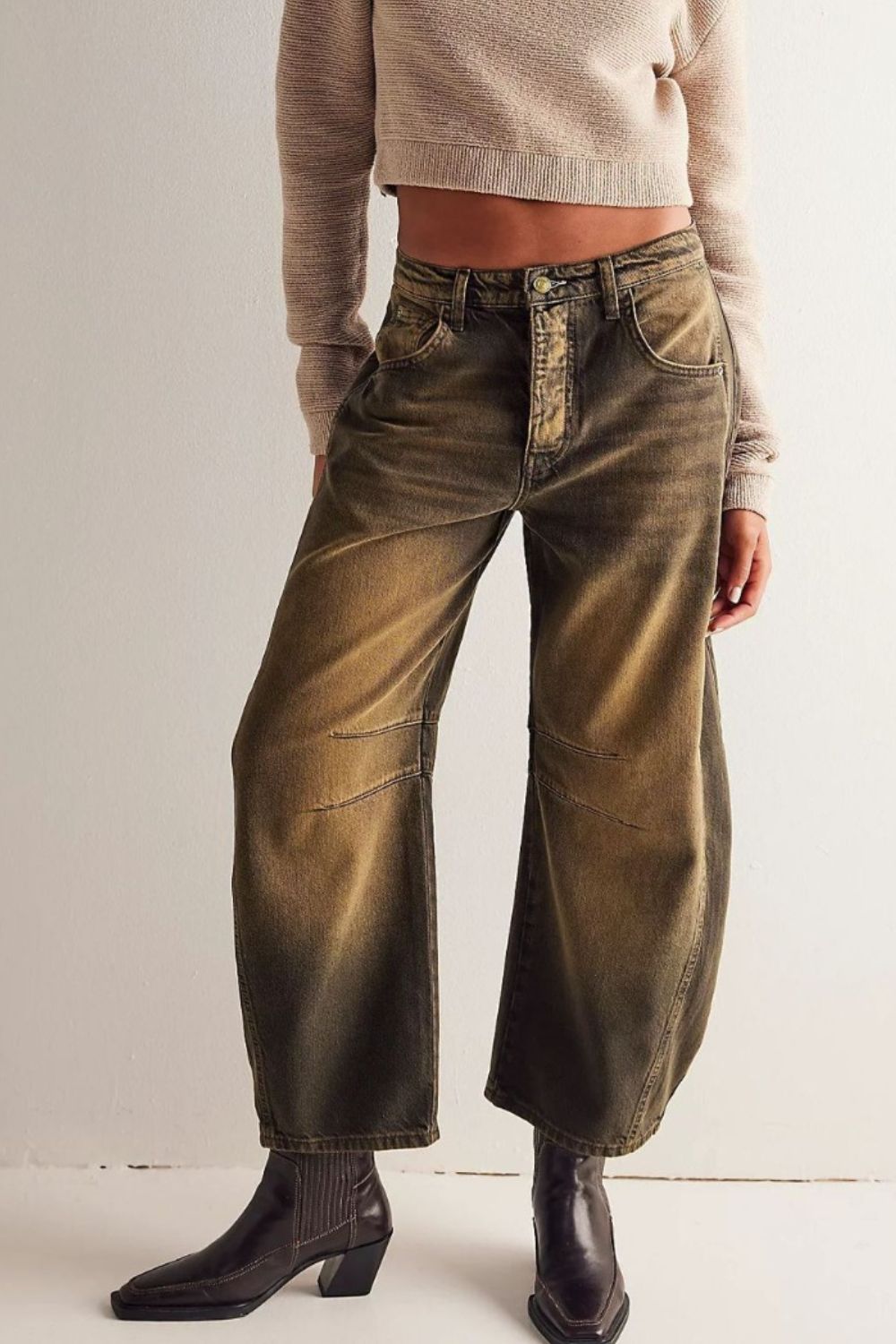 Wide Leg Jeans with Pockets Olive Brown