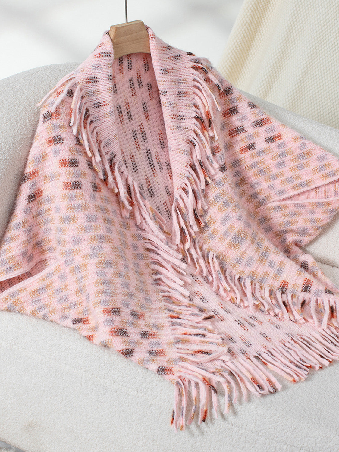 Fringe Open Front Half Sleeve Poncho Blush Pink One Size
