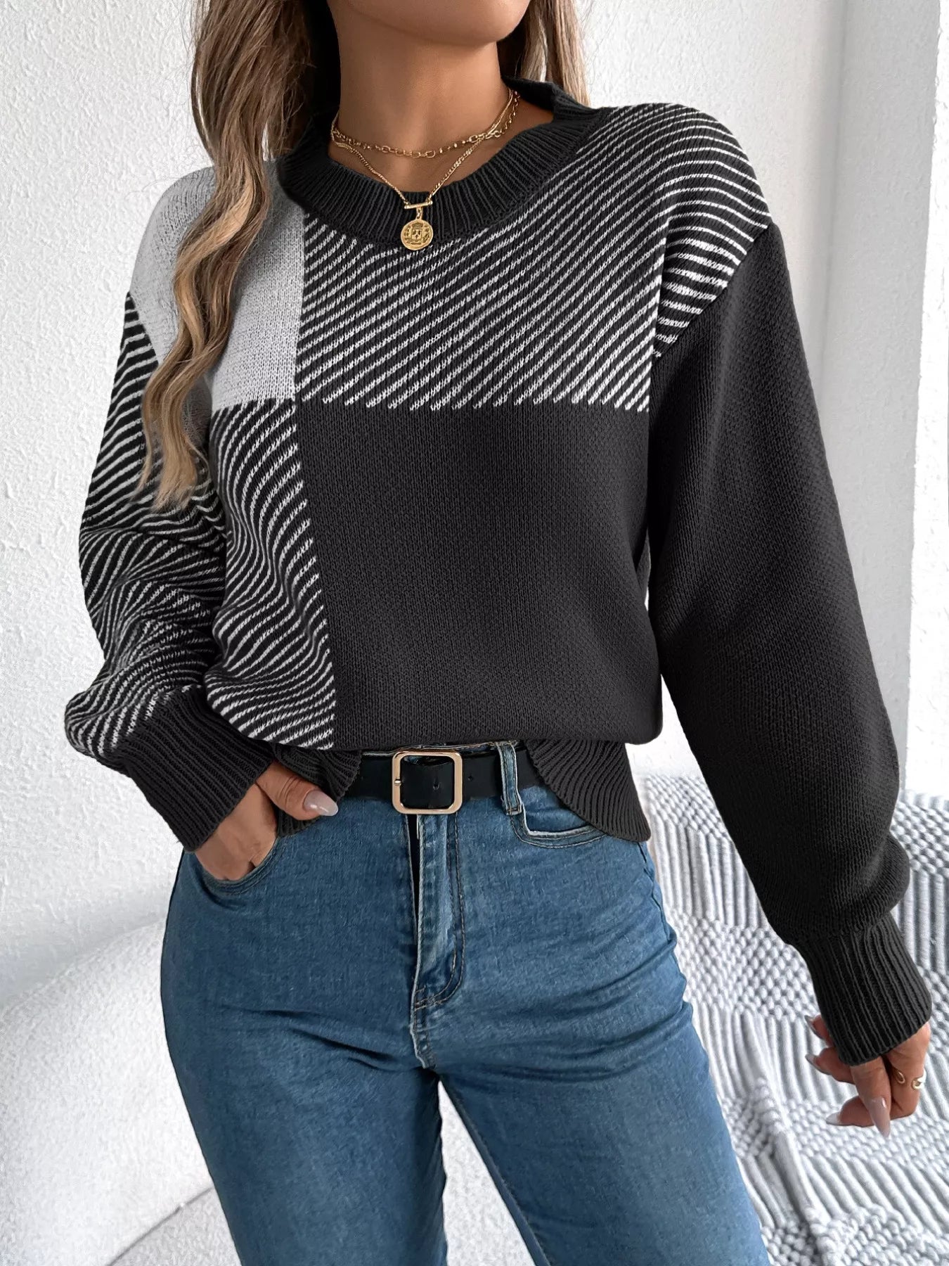 Color Block Striped Round Neck Sweater