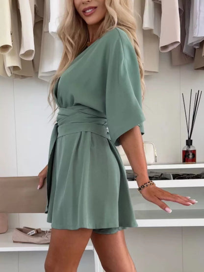 Full Size Surplice Tie Waist Romper Plus Size