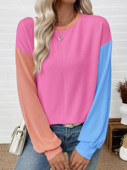 Color Block Ribbed Long Sleeve T-Shirt Hot pink Blue