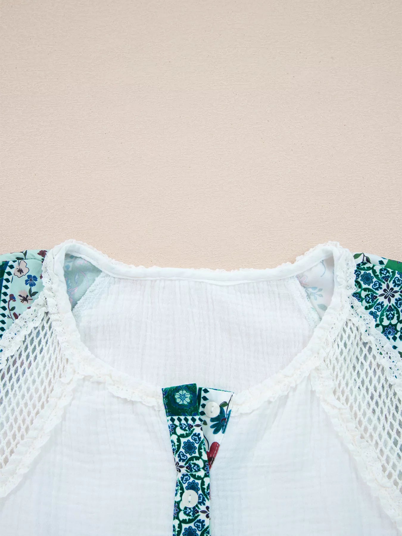 Mesh Patched Color Block Half Button Blouse