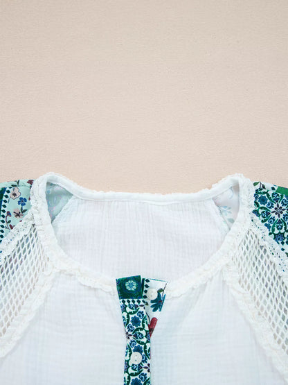 Mesh Patched Color Block Half Button Blouse