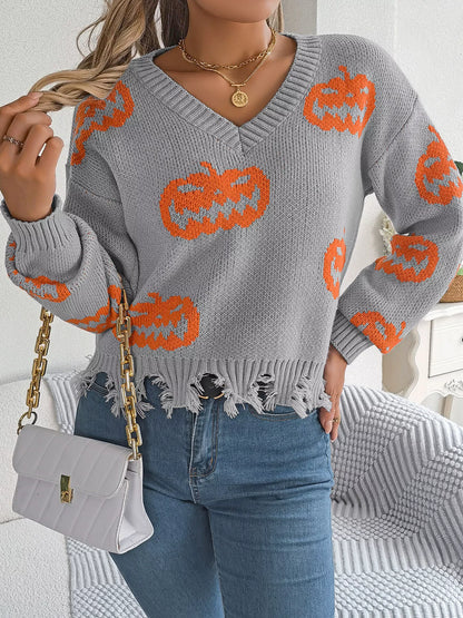 Halloween Pumpkin Pattern Raw Hem V-Neck Sweater