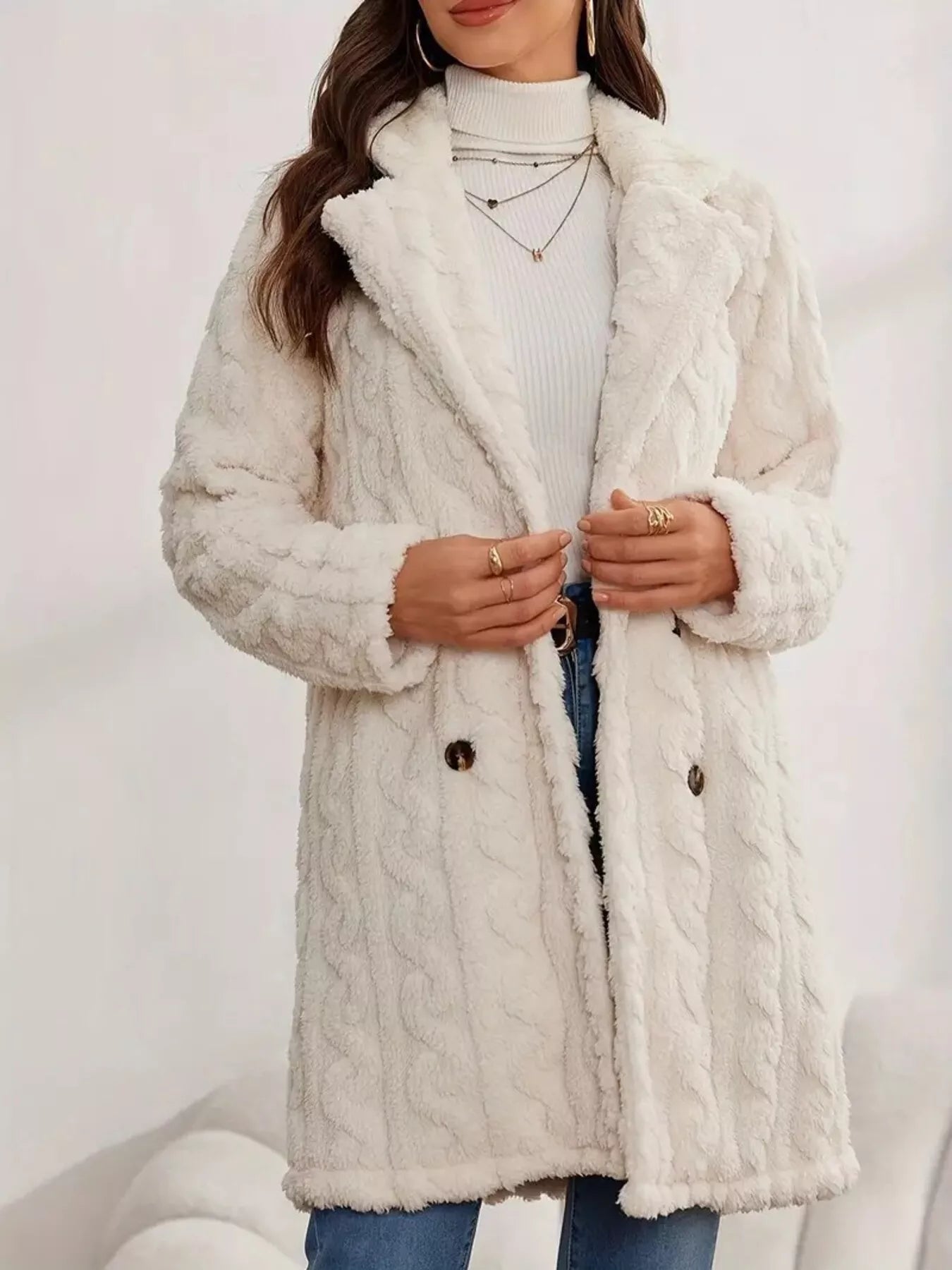 Double-Breasted Fleece Longline Coat