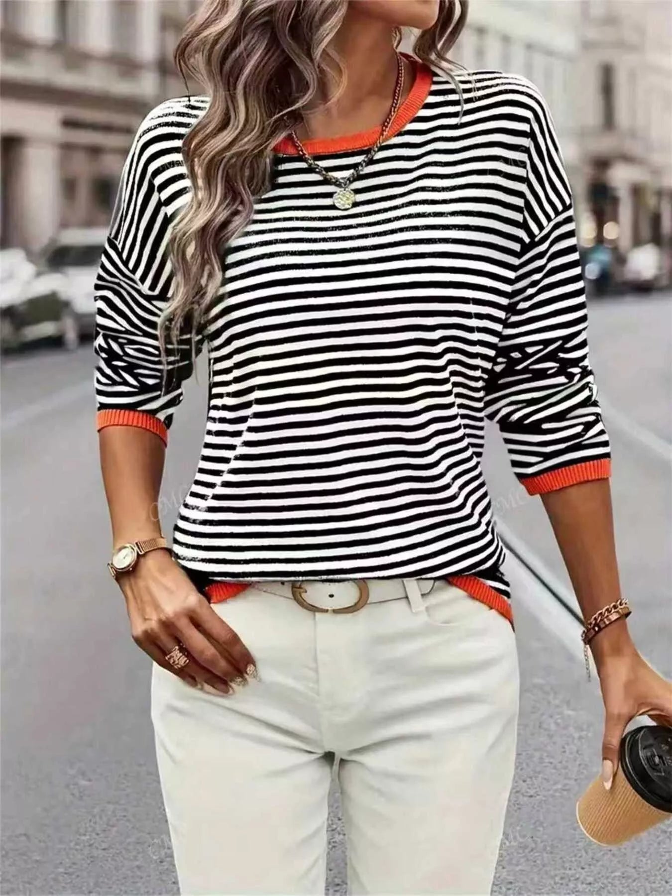 Plus Size Contrast Striped Long Sleeve Sweater
