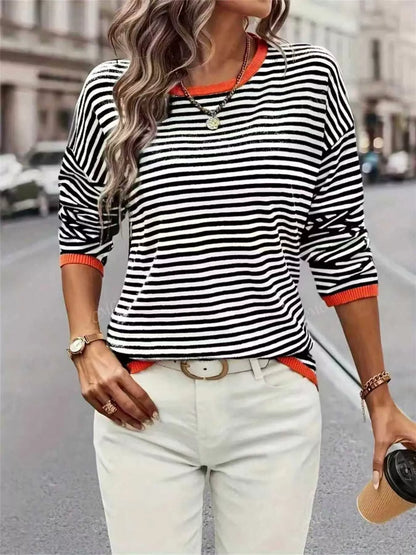 Plus Size Contrast Striped Long Sleeve Sweater