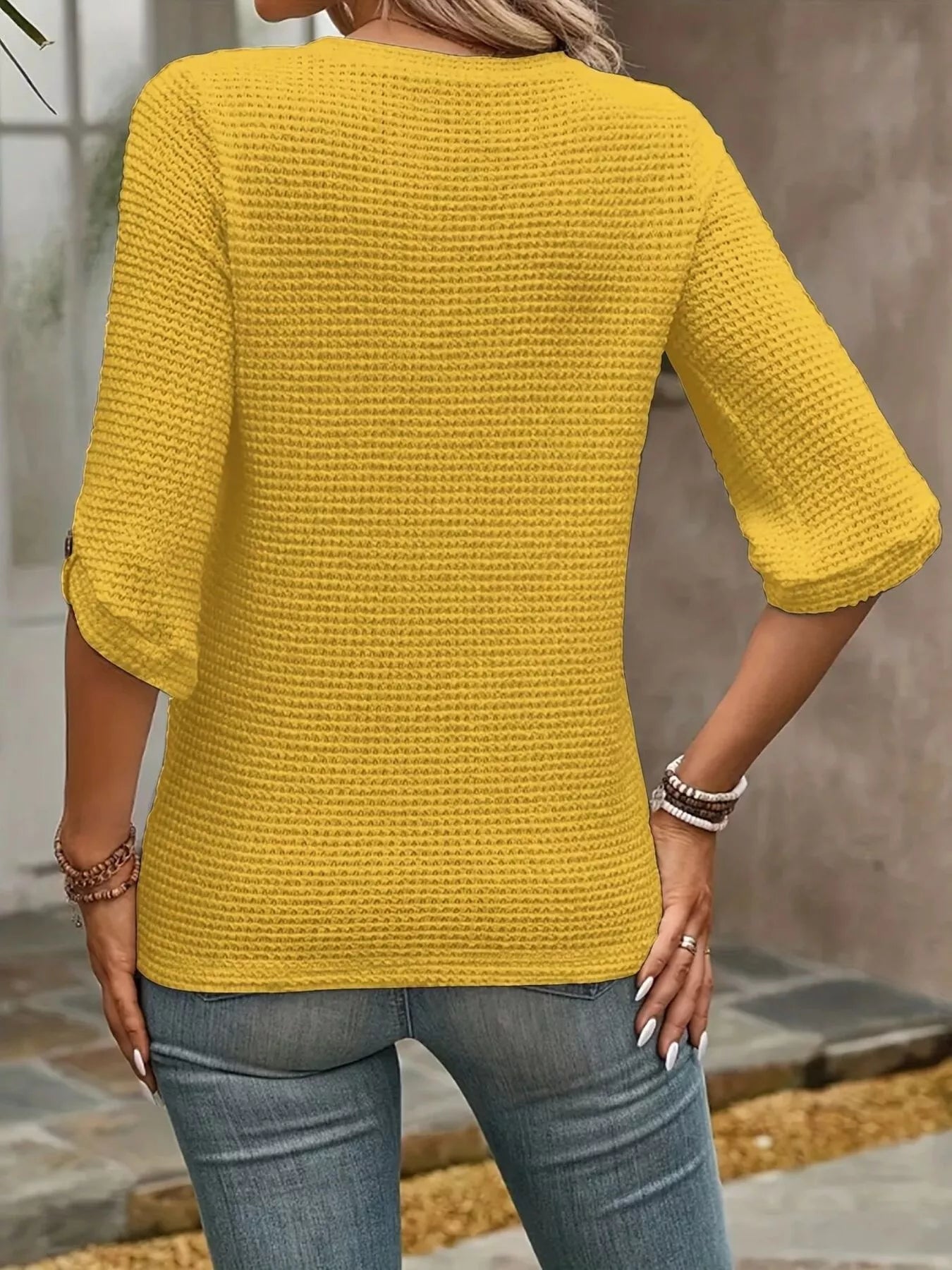 Waffle-Knit Round Neck Knit Top
