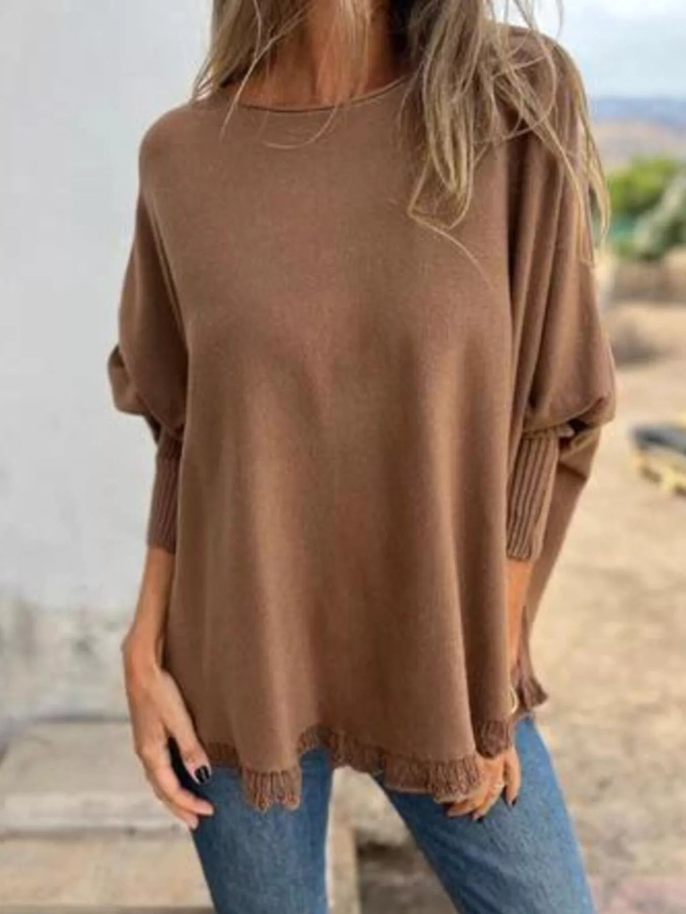 Full Size Round Neck Long Sleeve Knit Top with Lace Trim Plus Size Brown