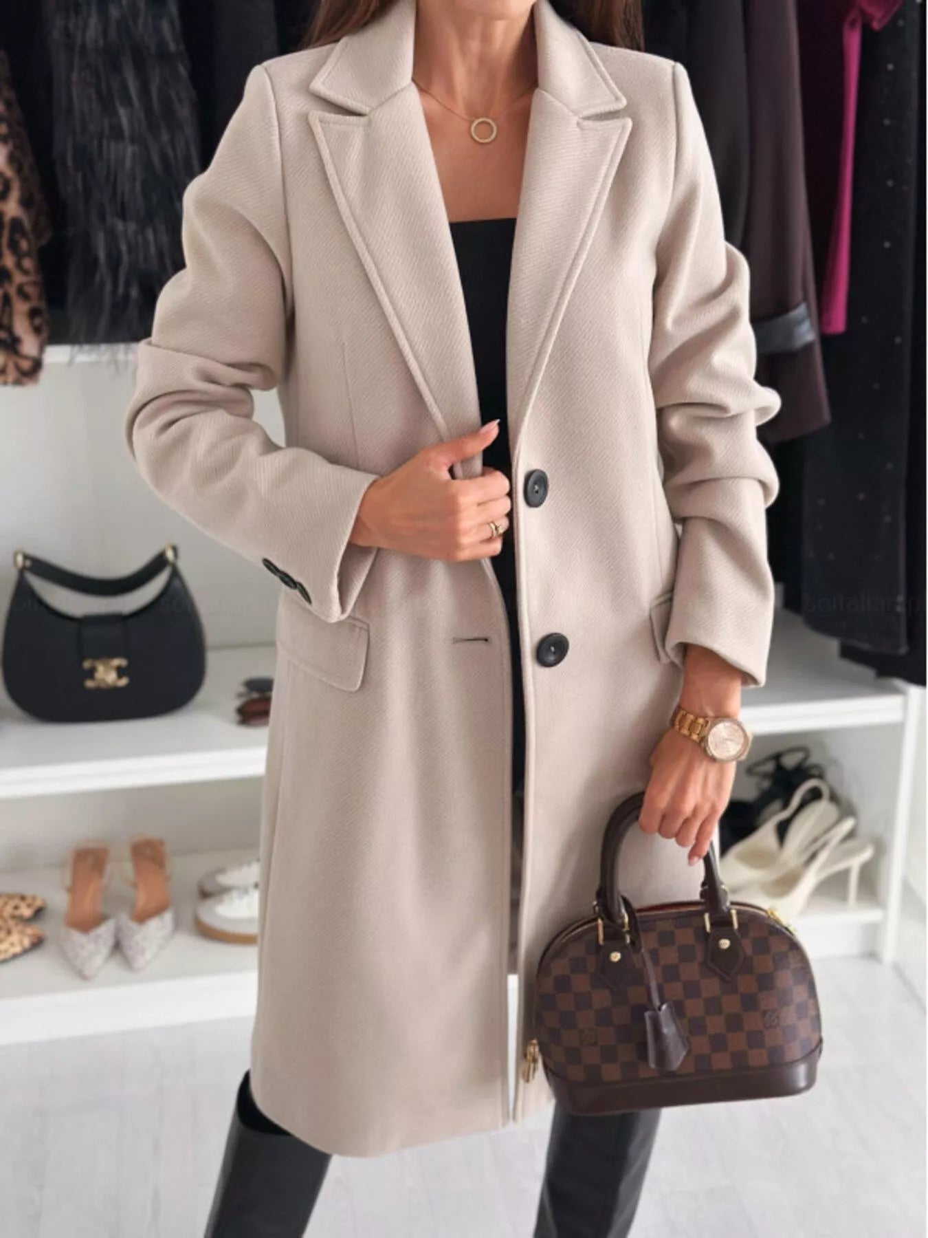 Lapel Collar Long Sleeve Coat Khaki