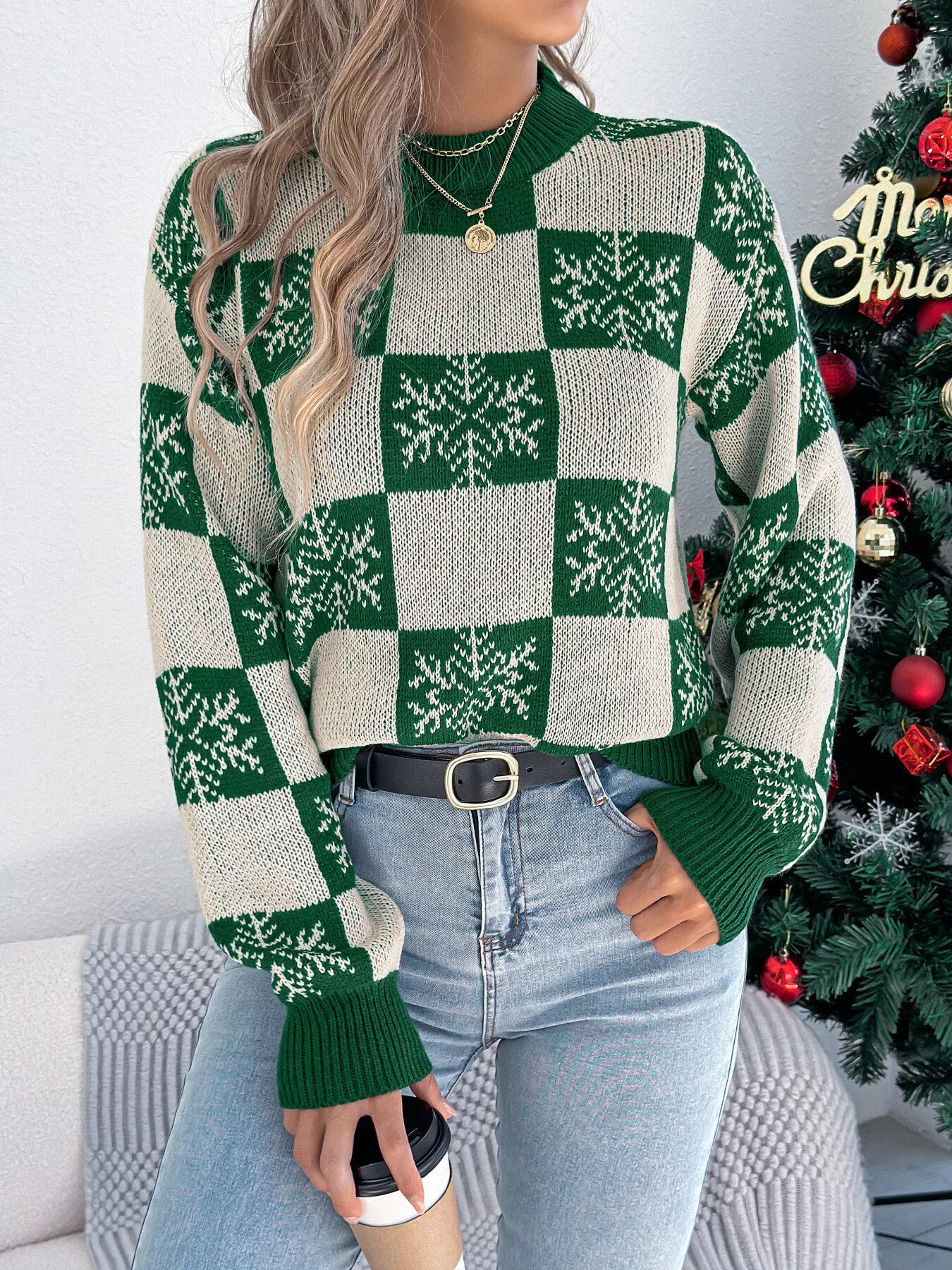 Christmas Snowflake Checkered Round Neck Sweater