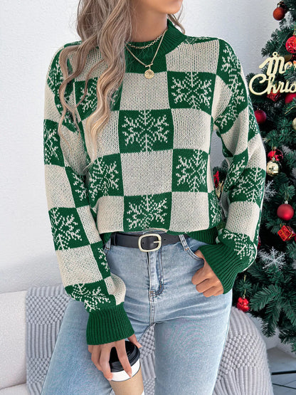 Christmas Snowflake Checkered Round Neck Sweater