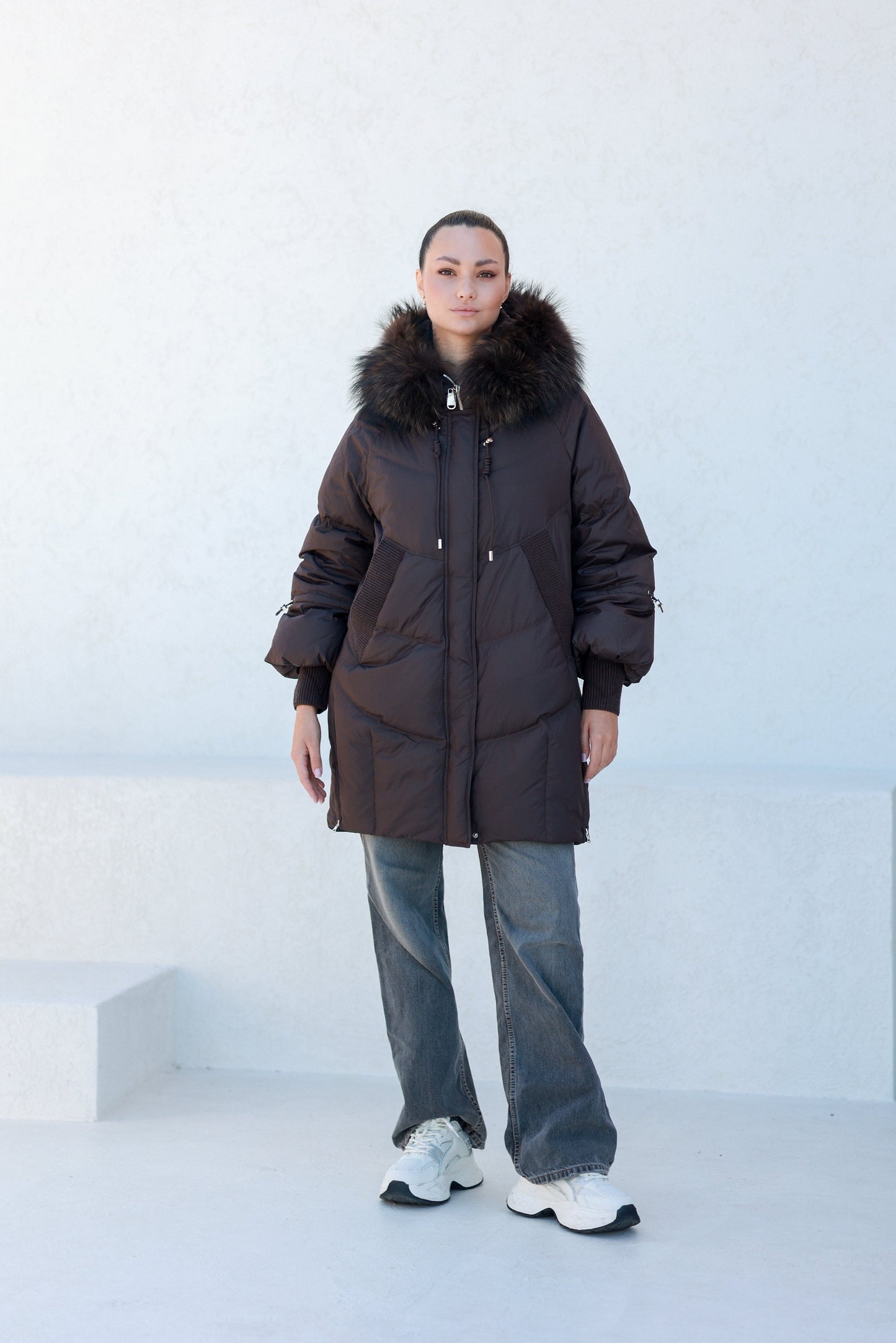 Celeste Genuine Fur Trim Down Fill Coat in Fig