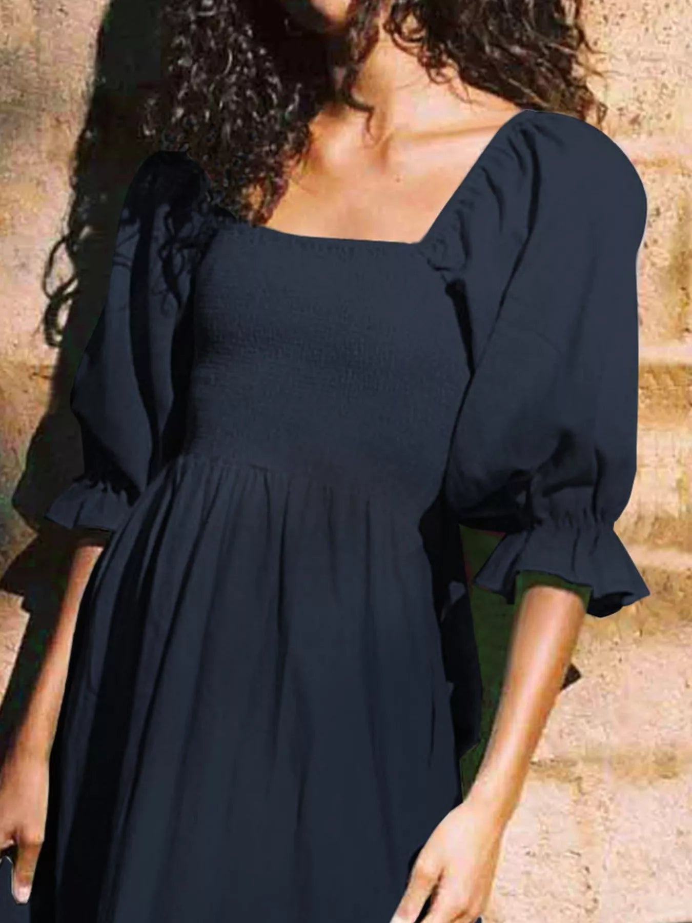 Smocked Puff Sleeves Midi Dress