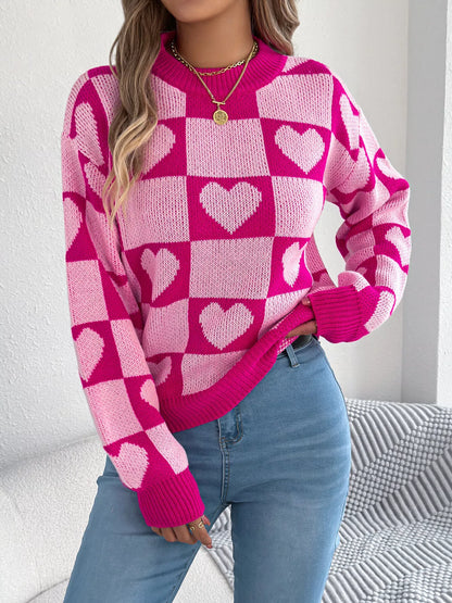 Heart Checkerboard Pattern Round Neck Sweater