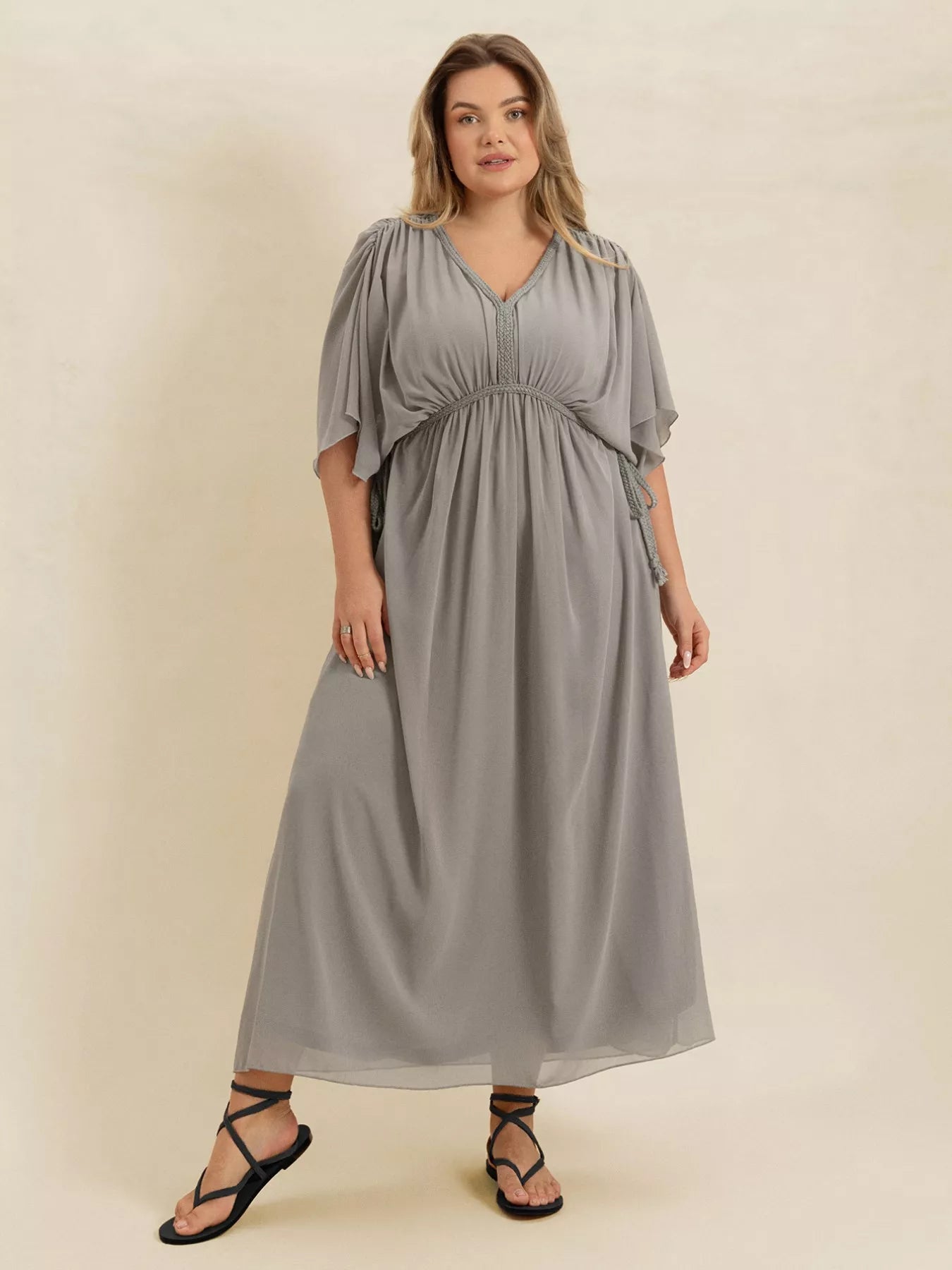 Plus Size V-Neck Flutter Sleeve Dress Gray