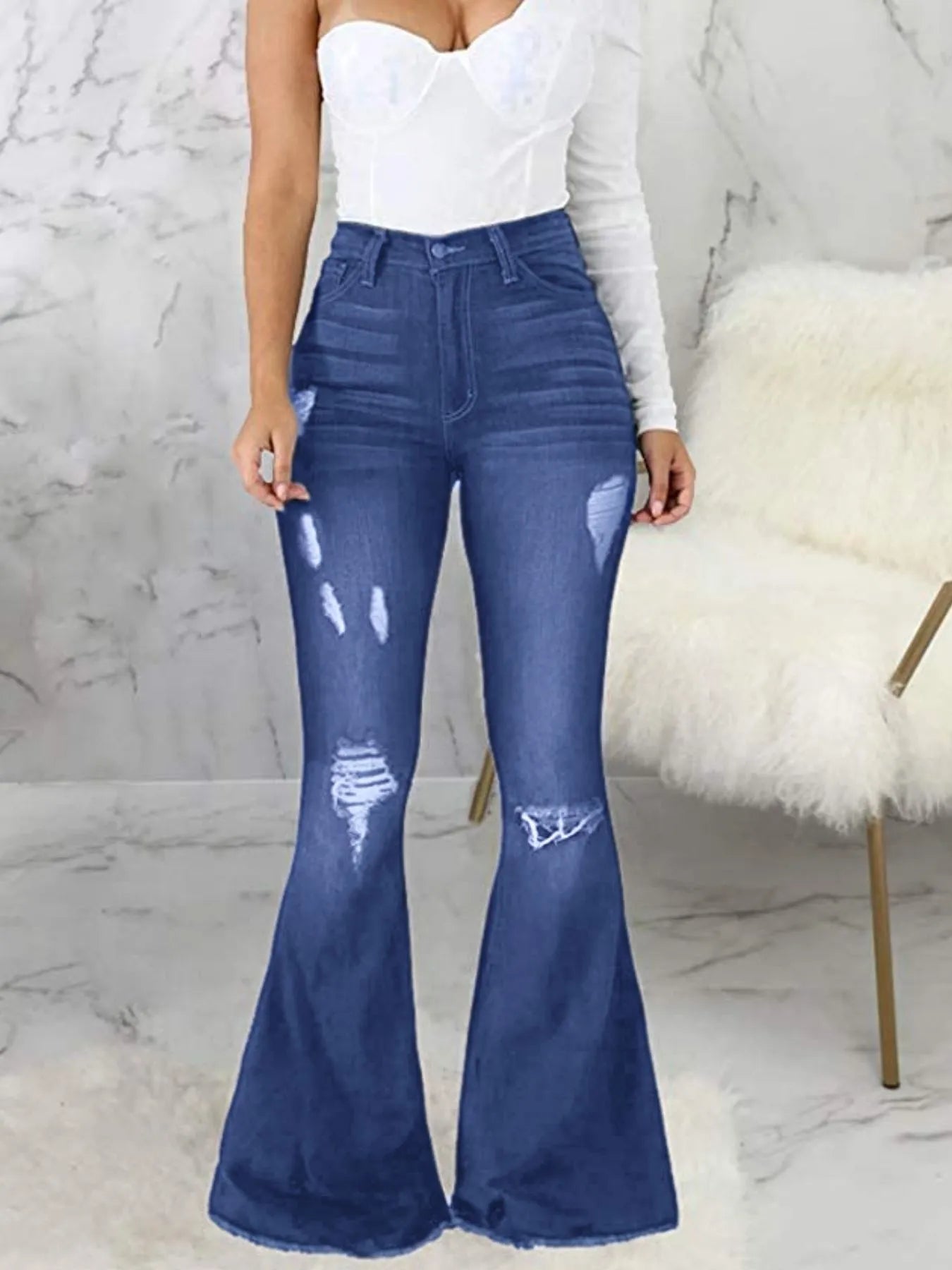 Full Size Distressed Raw Hem Flare Jeans Plus Size Light Blue