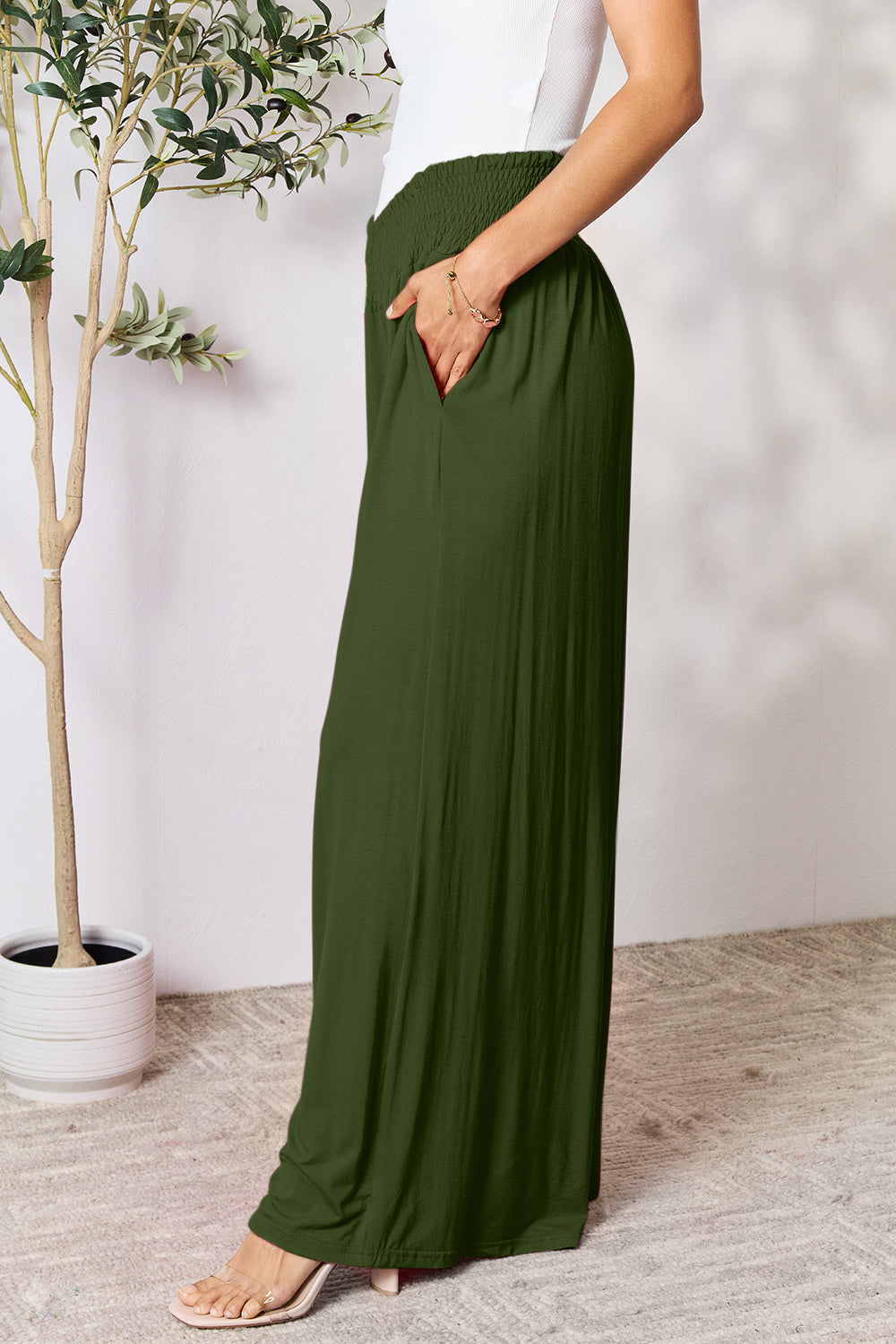 Smocked High-Waist Wide Leg Pants