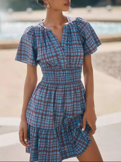 Printed Notched Short Sleeve Dress Plaid