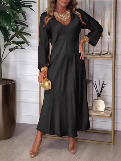Full Size V-Neck Long Sleeve Midi Dress Plus Size Black