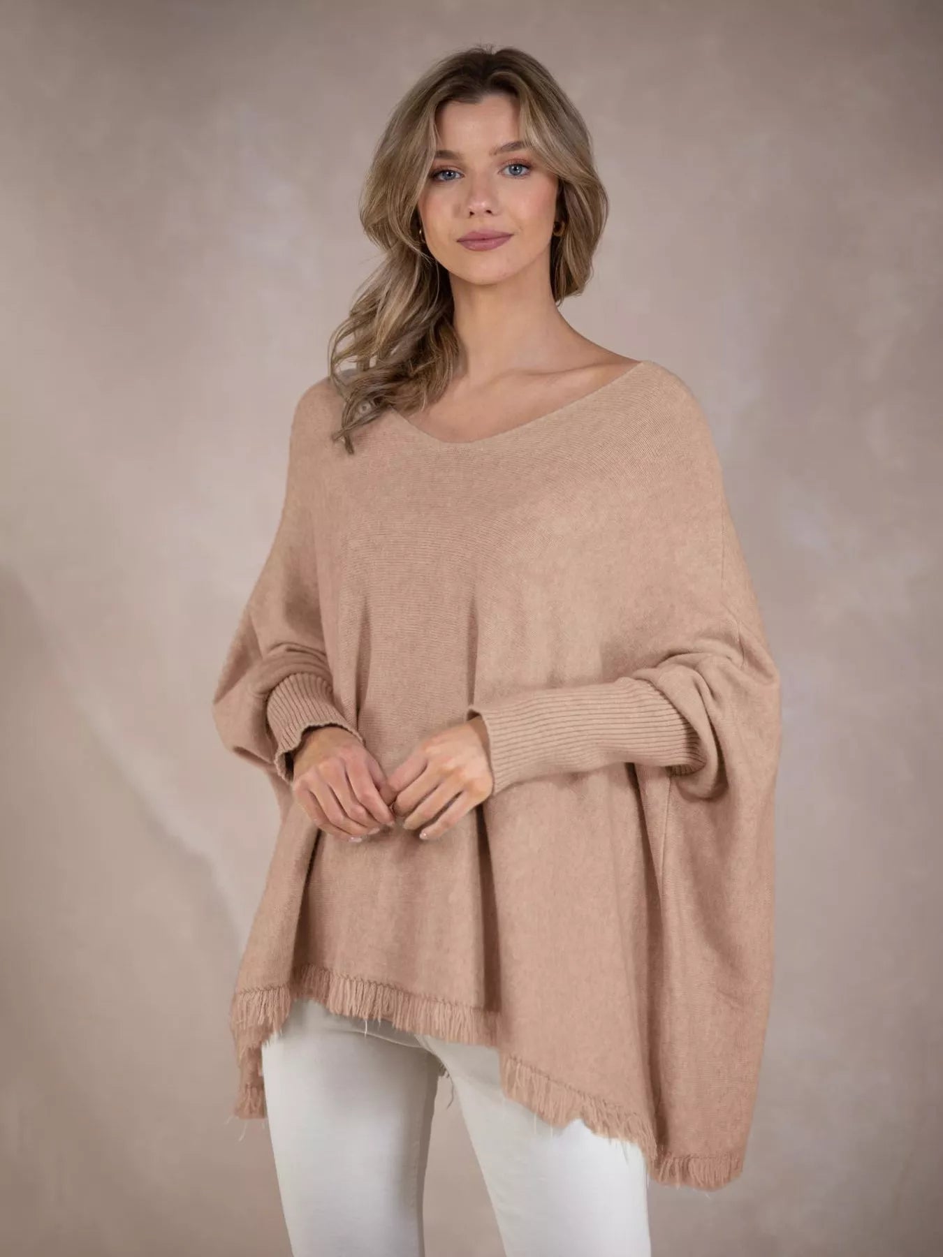 Raw Hem V-Neck Sweater Khaki One Size