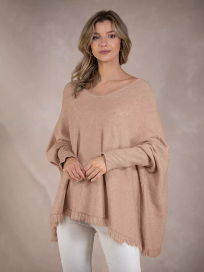 Raw Hem V-Neck Sweater Khaki One Size
