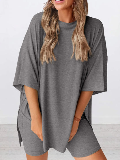 Full Size Oversized Slit Round Neck Top and Shorts Lounge Set Plus Size Grey