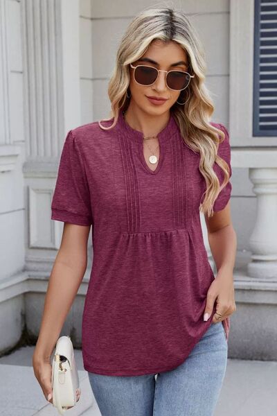 Notched Short Sleeve Solid Color Top Plum Purple