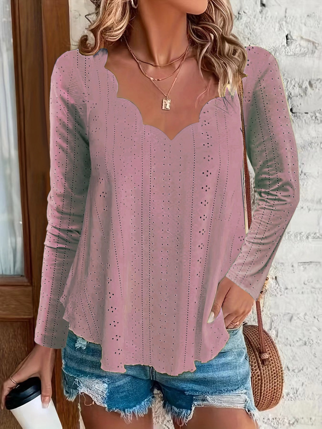 Eyelet Long Sleeve Blouse Dusty Pink