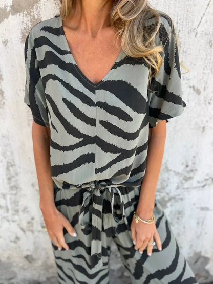 Zebra Print V-Neck Top and Pants Set