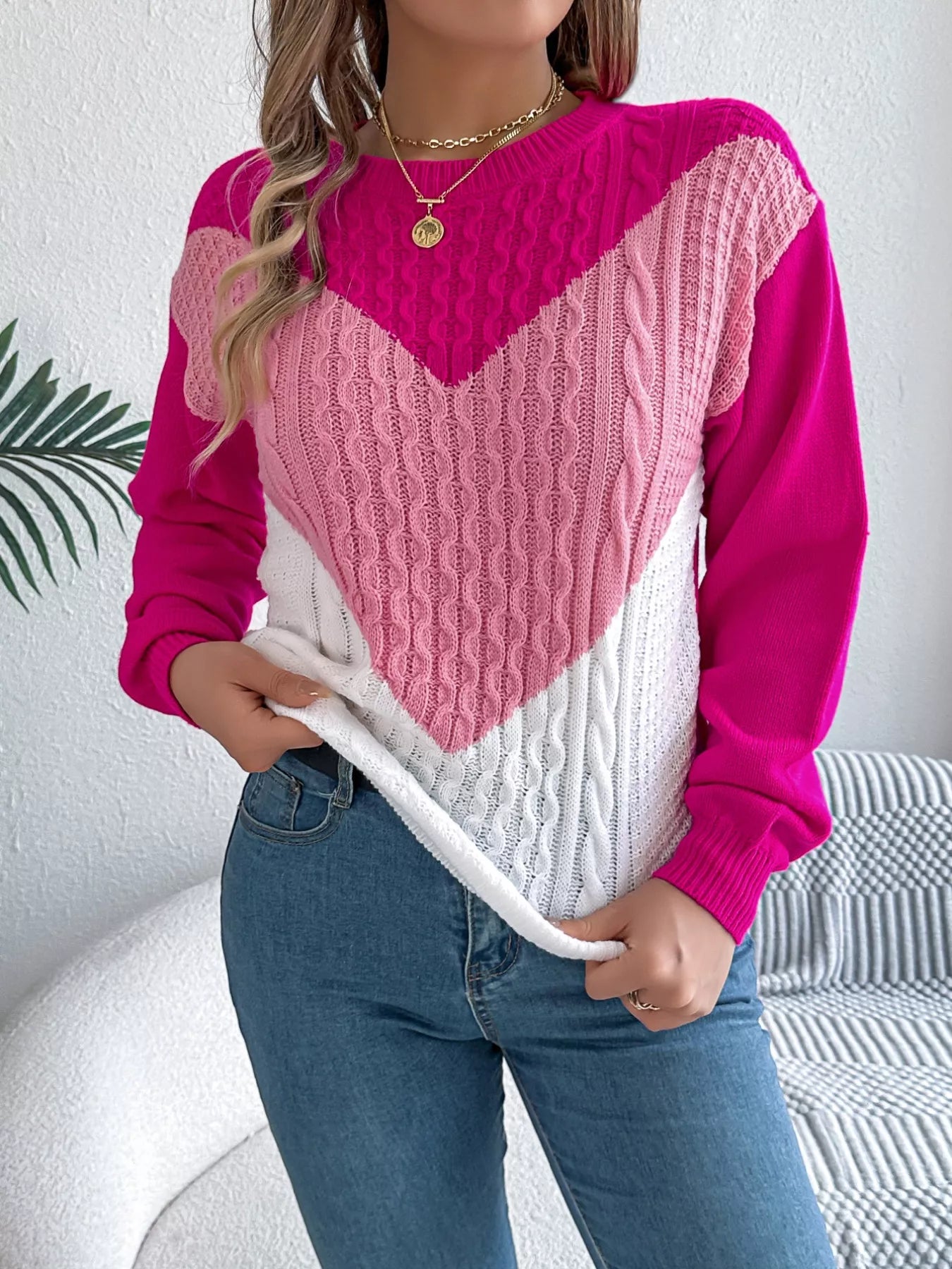 Color Block Cable Knit Sweater