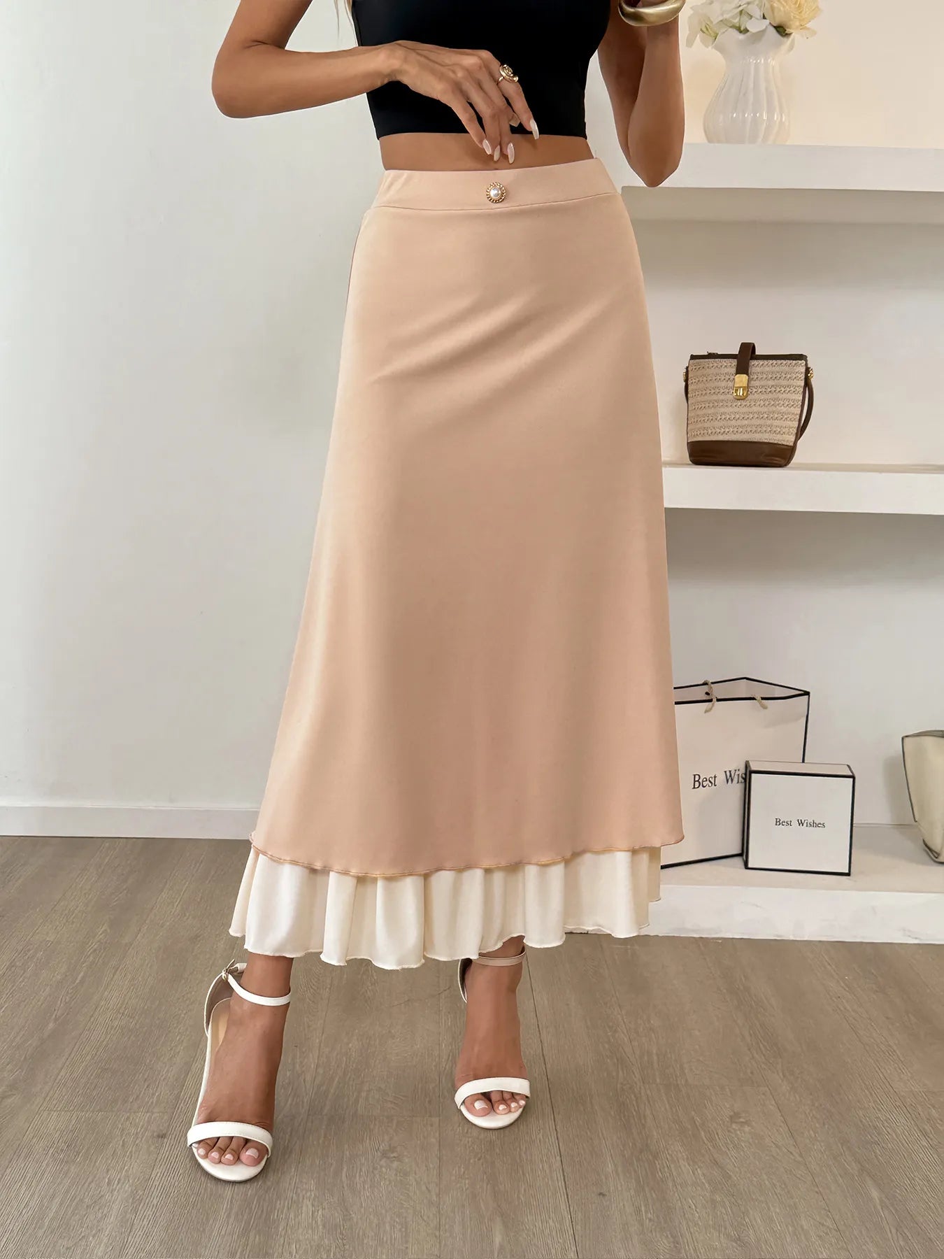 Layered Midi Skirt with Contrast Hem Detail