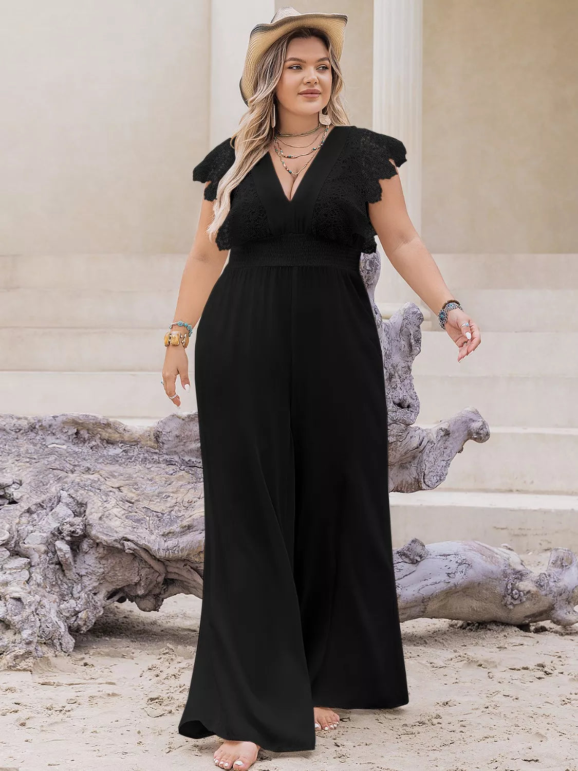 Plus Size Lace Cap Sleeve Wide Leg Jumpsuit