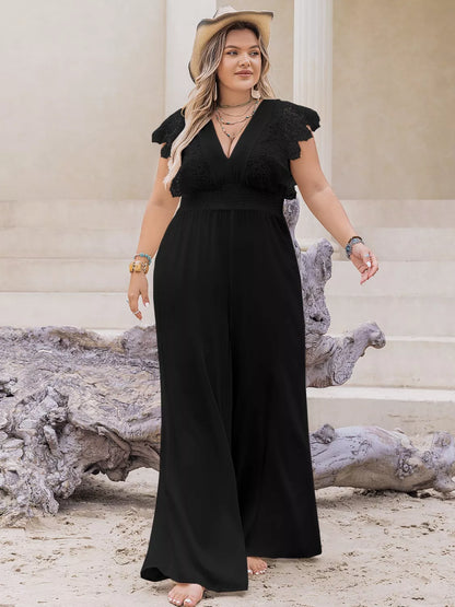 Plus Size Lace Cap Sleeve Wide Leg Jumpsuit